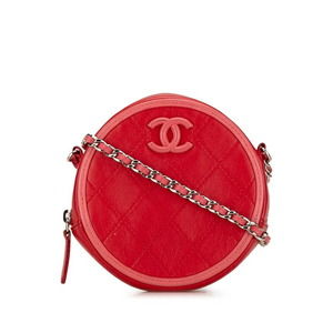 Chanel Matelasse Round Chain Shoulder Bag Lambskin Red